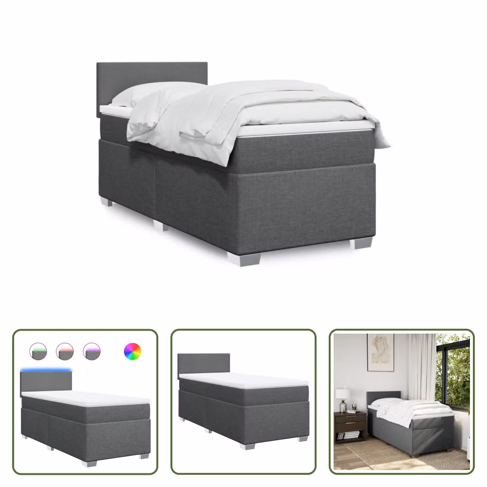 The Living Store Letto a molle con materasso grigio scuro 100x200 cm in tessuto