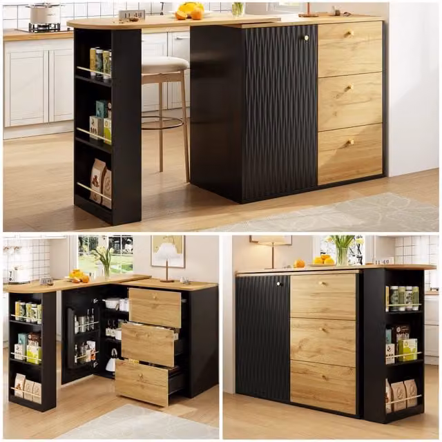 Bartisch allungabile con ripiano (138-204x39x104 cm), 360° girevole, mobile bar moderno con finitura effetto legno e spazio contenitore