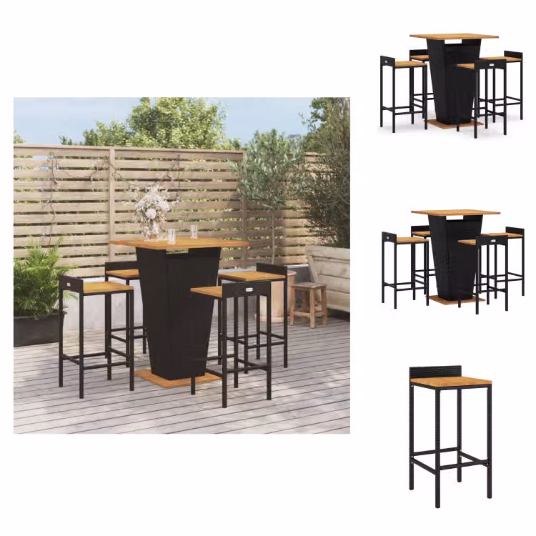 vidaXL Set bar da giardino 5 pezzi in poly rattan nero e legno massiccio di acacia - Set di mobili da giardino