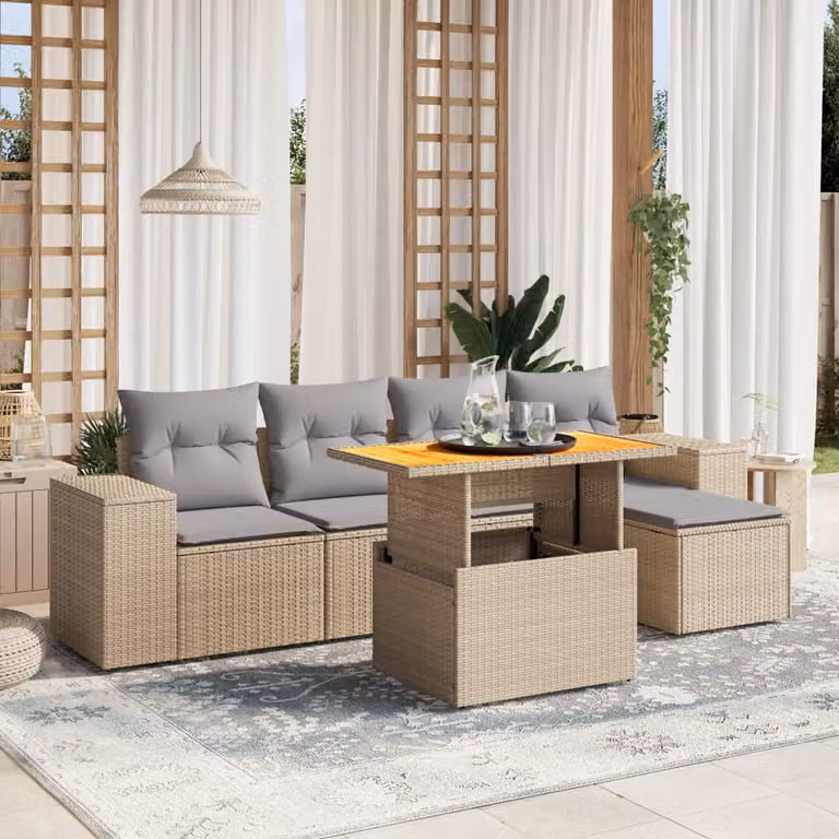 vidaXL Set Divano da Giardino a L in Polyrattan Beige con Cuscini e Tavolino da Esterno