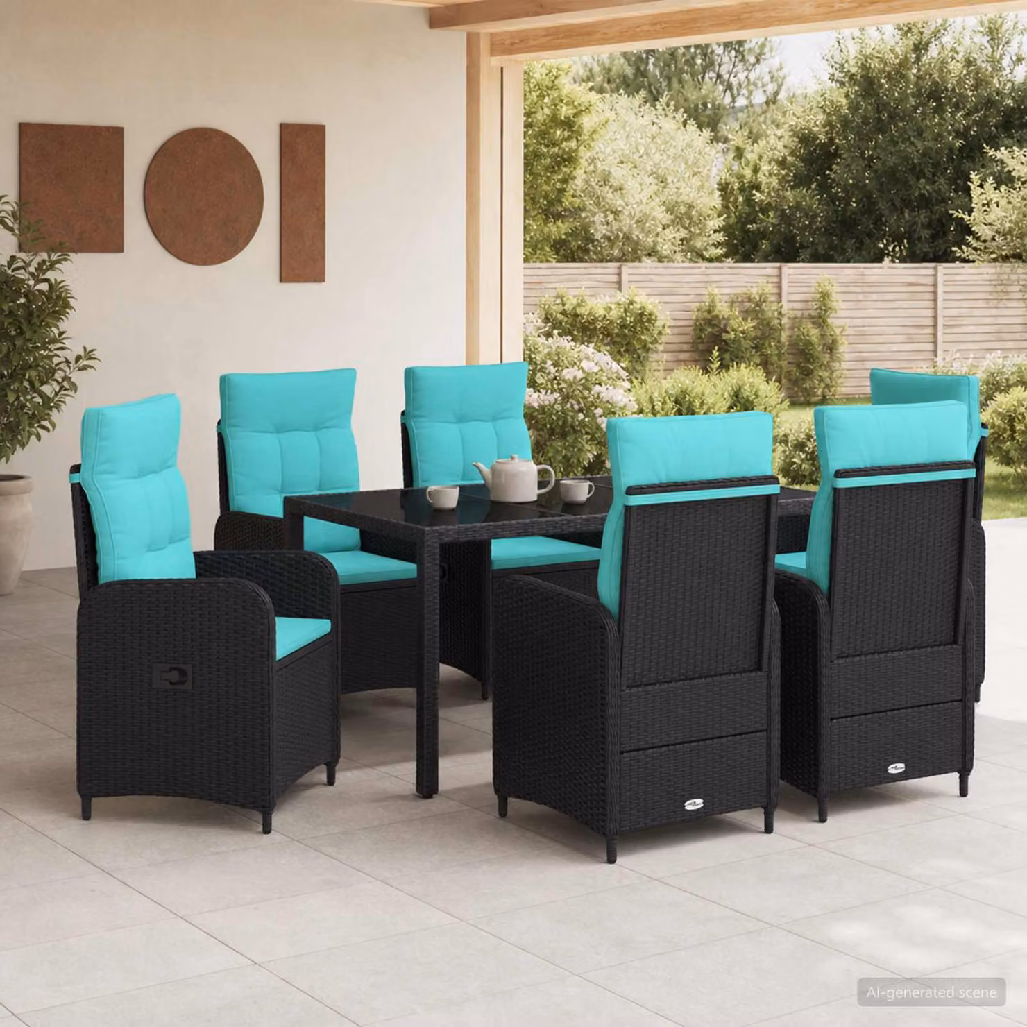 Set da pranzo per esterni vidaXL in polyrattan nero con tavolo in vetro, 7 pezzi