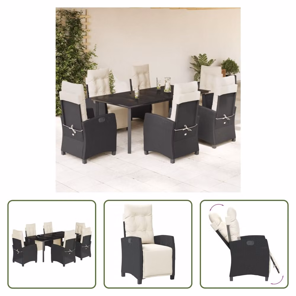 The Living Store Set da pranzo da giardino 7 pezzi con cuscini in polirattan nero