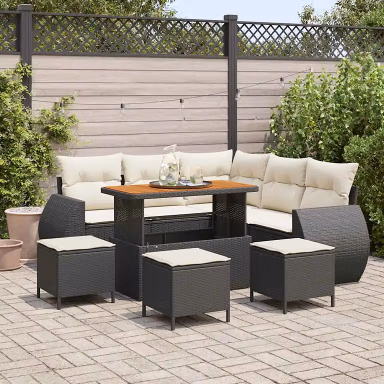 Set Divano da Giardino Moderno vidaXL 9 Pezzi in Polyrattan Nero con Cuscini e Tavolino