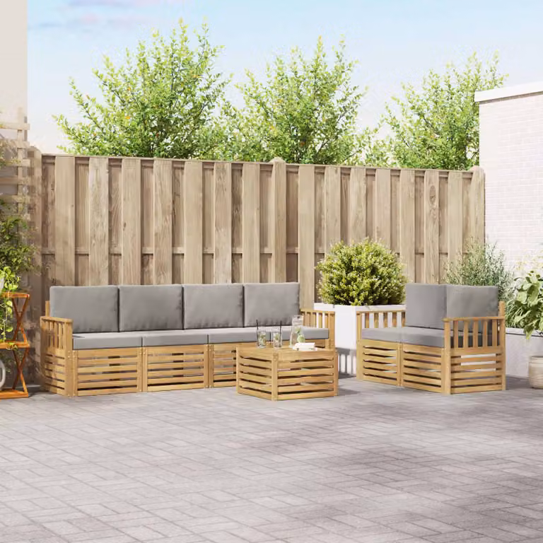 vidaXL Set di divani da esterno 7 pz a forma di L con tavolino, Bianco e Grigio, in legno di acacia e tessuto