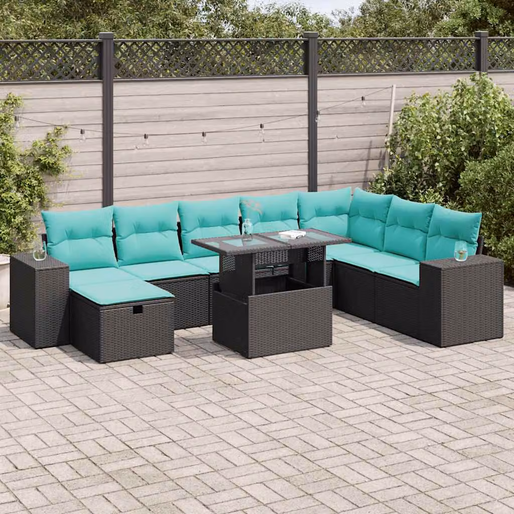 Set Divano da Giardino vidaXL 9 Pezzi in Polyrattan con Cuscini e Tavolino da Esterno a Forma di L Grigio