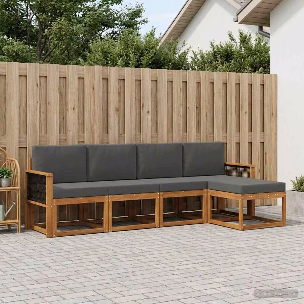 Set di divani da esterno vidaXL a forma di L composto da 5 pezzi in legno di acacia con cuscini inclusi, colore marrone e antracite