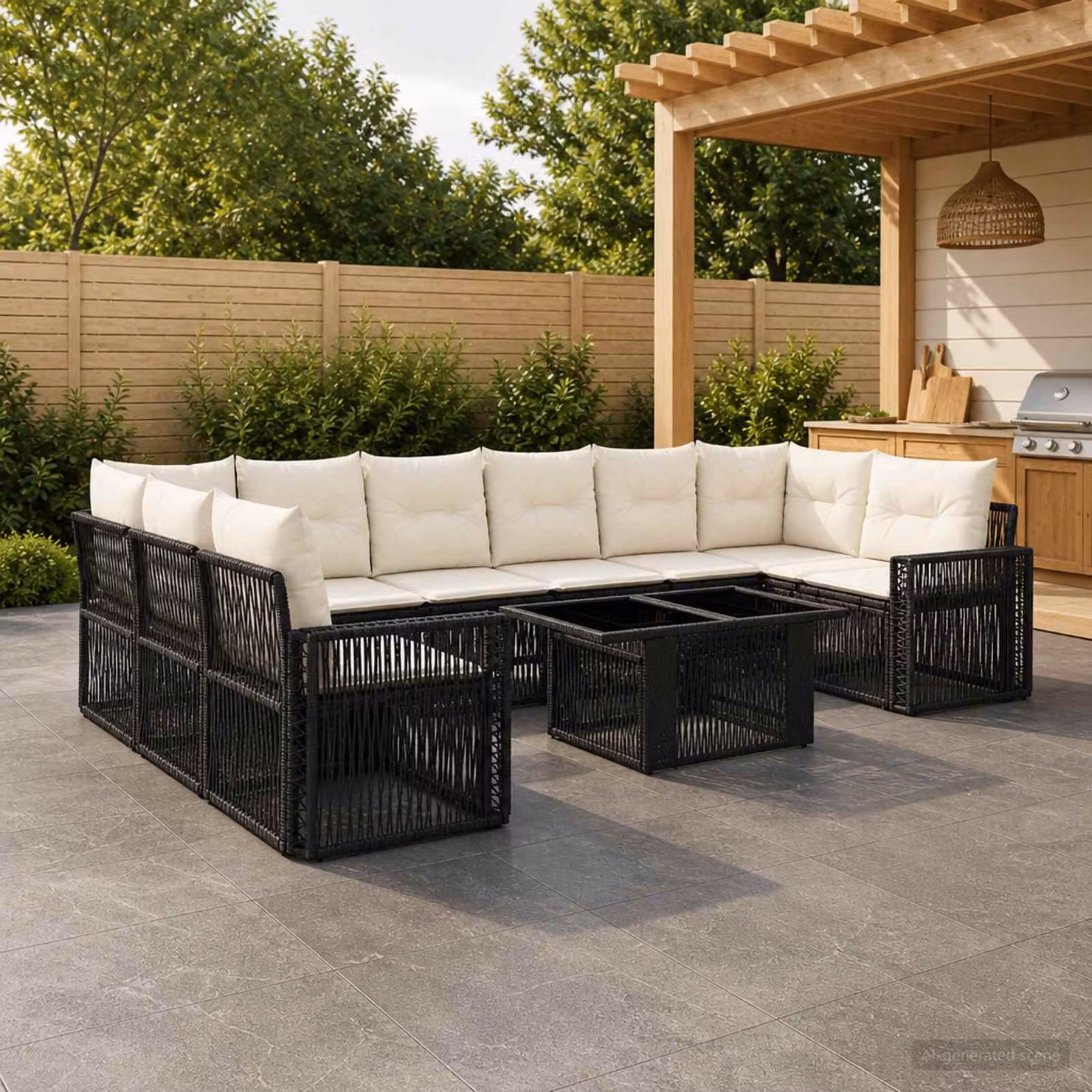 Set Divano da Giardino vidaXL in Polyrattan 11 Pezzi con Tavolino e Cuscini, Design Moderno a L, Nero e Bianco Crema