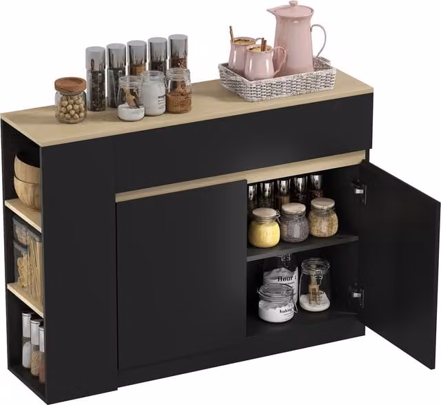 Credenza moderna HOMCOM nera con 2 cassetti, 3 scaffali aperti e 2 ante per soggiorno, cucina o ingresso