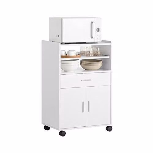 SoBuy Carrello Cucina con Ruote, Mobile Microonde con Piano Estraibile e Cassetto, Mobile Cucina Salvaspazio per Piccoli Ambienti, Cucina, Coffee Station e Soggiorno, Bianco 59×40×92 cm FSB09-W