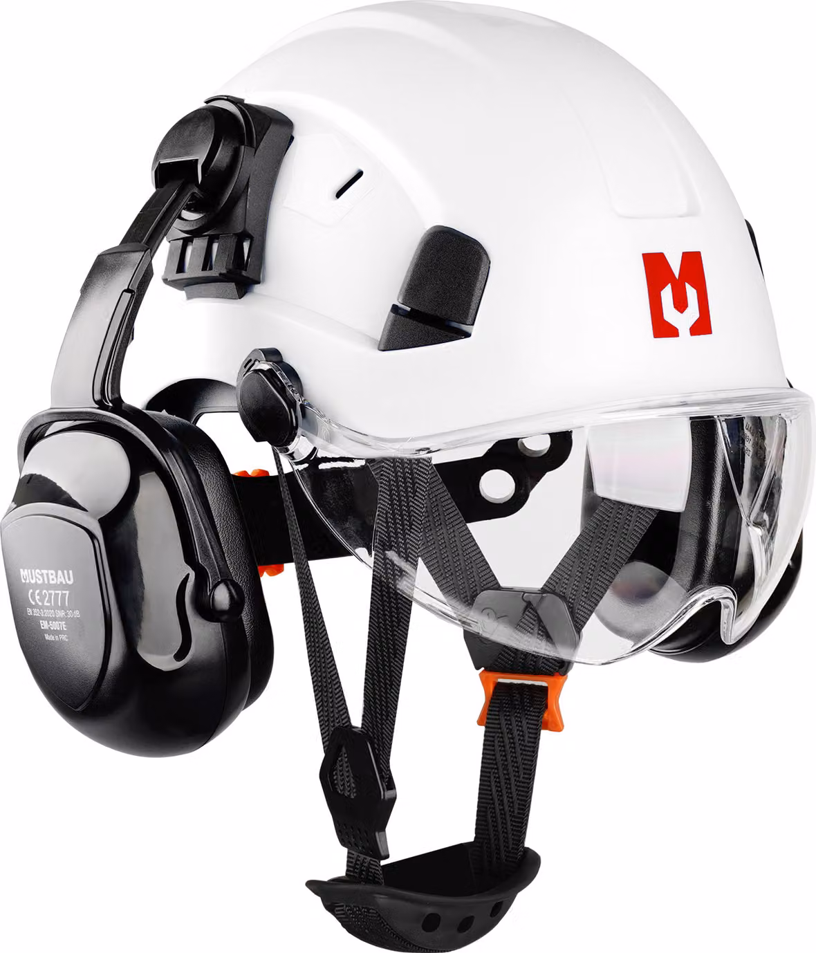 Set di elmetti di sicurezza Mustbau, elmetto di sicurezza EN397 con protezione per le orecchie e il viso, fascia regolabile da 53 a 63 cm, materiale ABS resistente