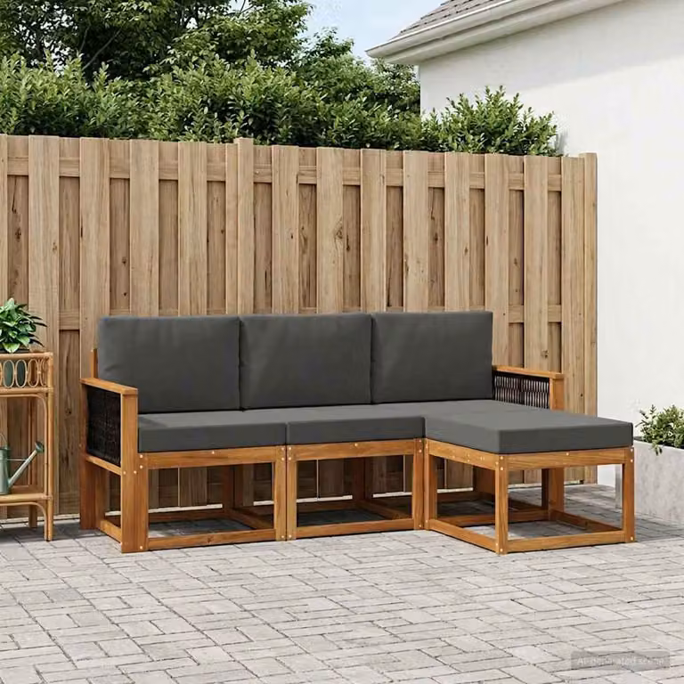 vidaXL Set di divani da esterno a L in legno di acacia con cuscini, Beige e Antracite