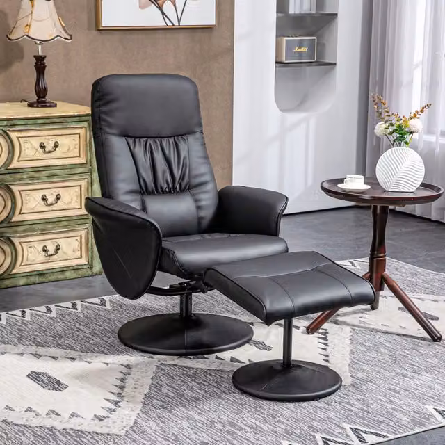 Set di 2 Poltrone Reclinabili con Pouf REDOM in Finta Pelle Nera con Struttura in Metallo e Sedia Girevole a 360 Gradi