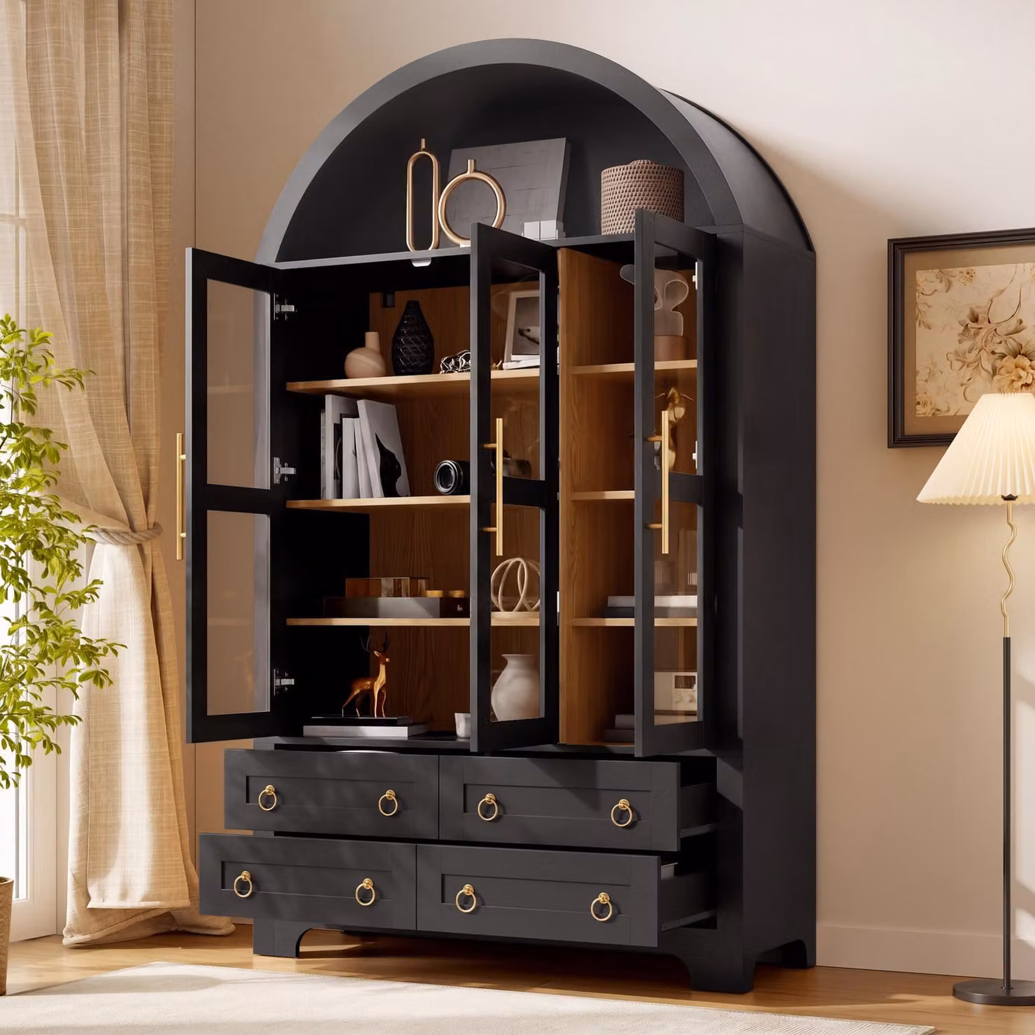 okwish: Mobile contenitore moderno con 4 cassetti, vano aperto ad arco, mobiletto per soggiorno con 3 ante in vetro, maniglie in alluminio, colore nero
