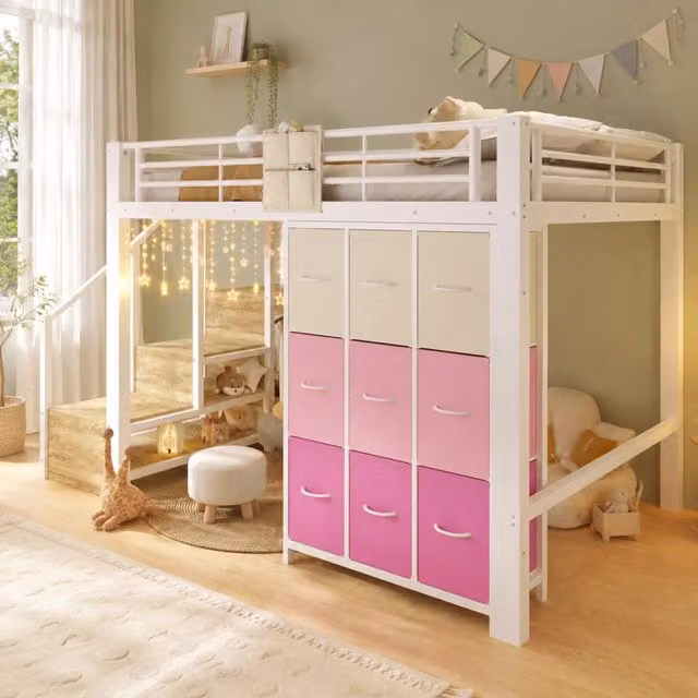 Letto a soppalco in metallo 140×200 cm con cassetti, bastone appendiabiti, ringhiera e scala contenitore, bianco