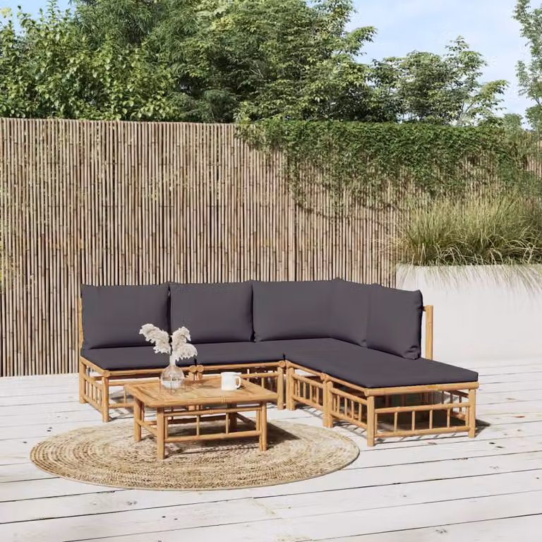 vidaXL Set Salotto da Giardino 6 Pezzi in Bambù con Cuscini Grigio Scuro e Marrone