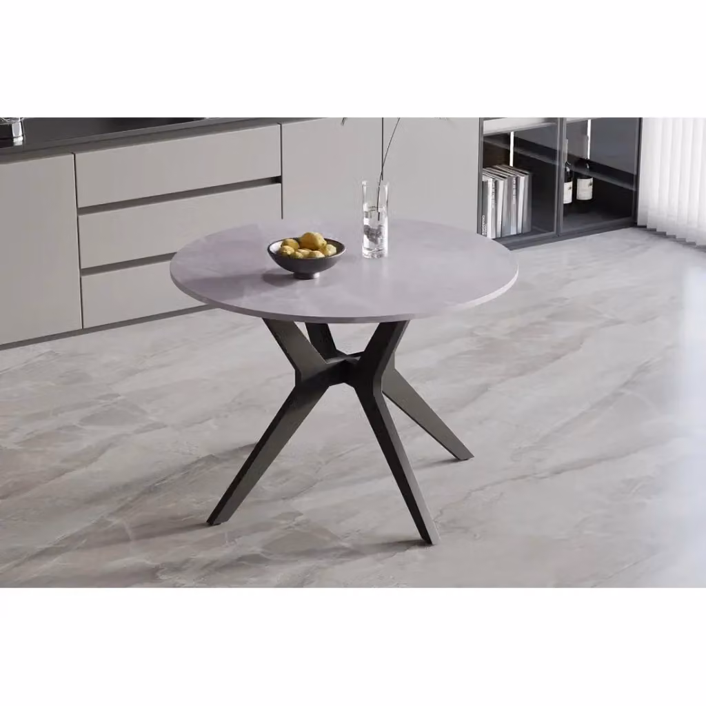 Tavolo da pranzo rotondo Meublorama ARVENA con piano in pietra sinterizzata e struttura in metallo, Colore grigio e nero, Diametro: 110 cm, Altezza: 75 cm – 2