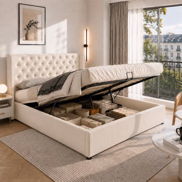 Letto imbottito 140x200 cm con spazio contenitore a sollevamento idraulico e rete a doghe, rivestito in velluto, testiera Chesterfield con forma a "orecchie", con capacità di carico fino a 300 kg