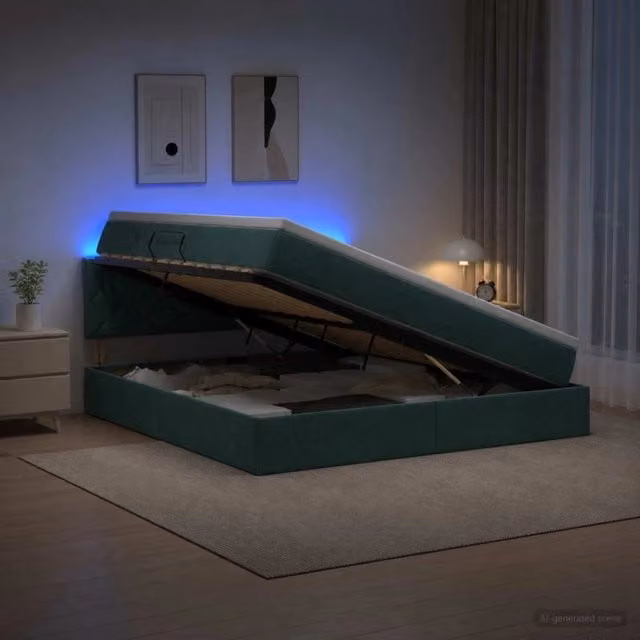 Letto con contenitore e illuminazione LED vidaXL in velluto verde, L 160 x P 200 x H 88 cm – 1