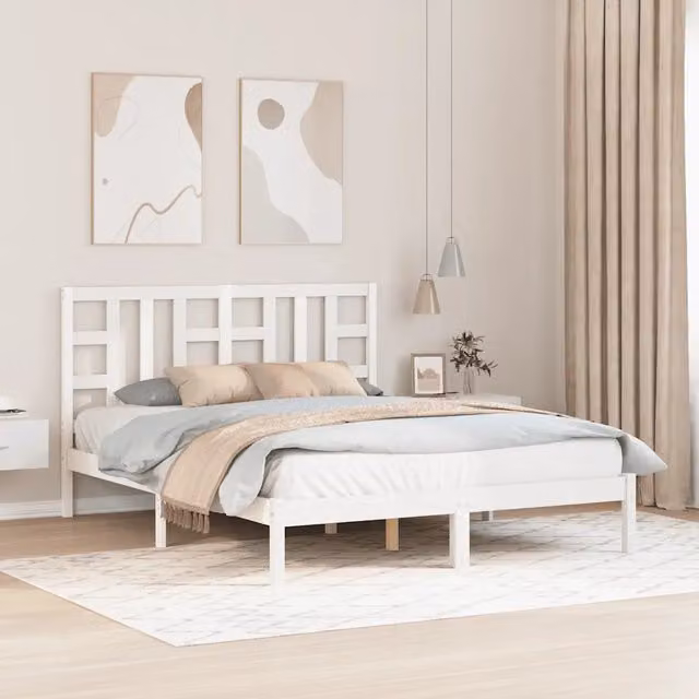 Letto King Size vidaXL in Legno Massello di Pino Bianco con Doghe Fisse L/P/H: 205.5 x 150 x 155.5 cm
