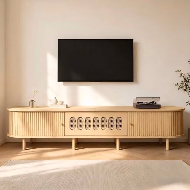 Mobile TV in MDF naturale con anta ribaltabile; due serrande laterali e 5 vani chiusi per TV 75 pollici 180 × 40 × 40 cm