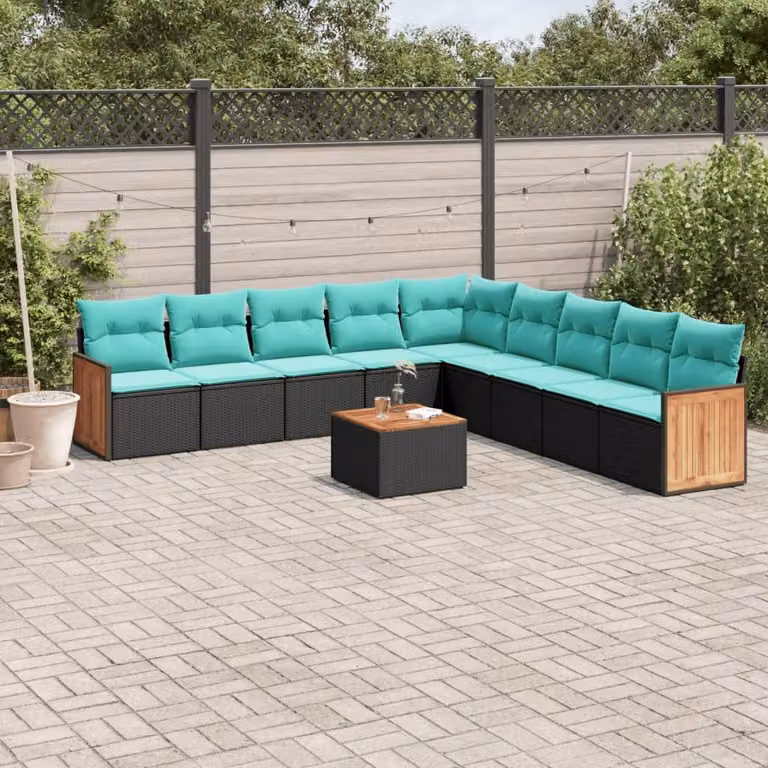 Set Divani da Giardino vidaXL in Polyrattan Nero con Cuscini e Tavolino da Esterno a Forma di U