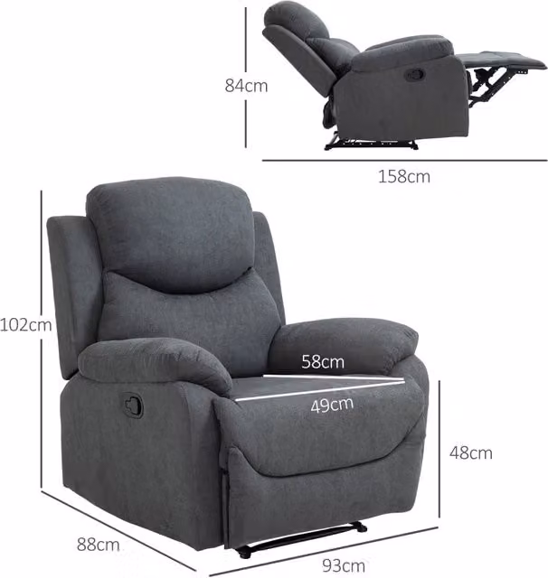 Poltrona Reclinabile Relax REDOM Grigio con Braccioli e Leva Manuale L: 93 cm, P: 88 cm, H: 102 cm – 1