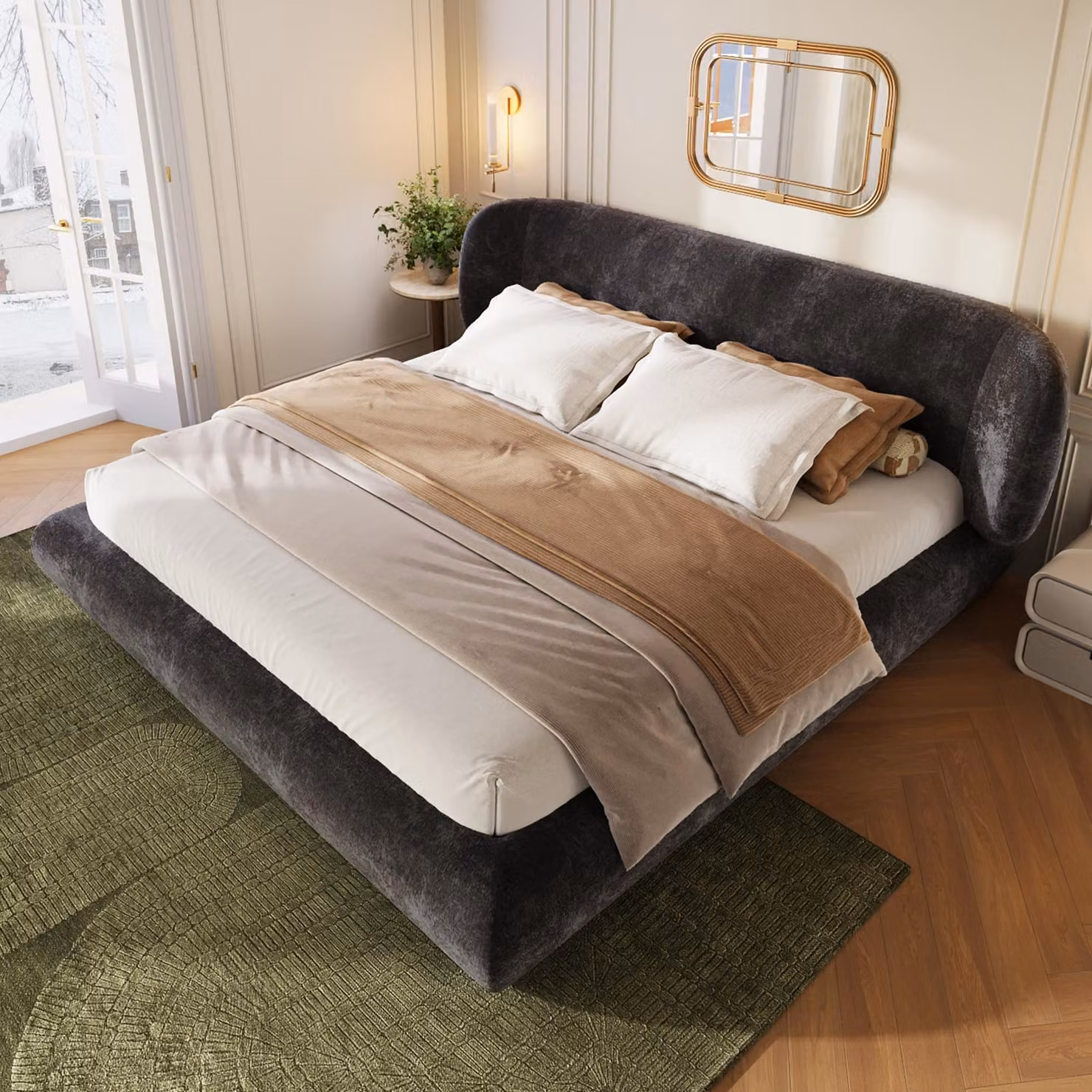 Letto imbottito STILVORA, 180 x 200 cm, con rete a listelli e testiera, letto per ragazzi con angoli arrotondati e rivestimento in chenille, letto matrimoniale con struttura in legno