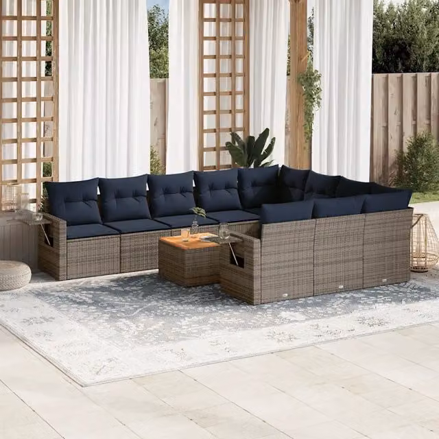Set Divani da Giardino 11 pz con Cuscini Grigio in Polyrattan 3224745