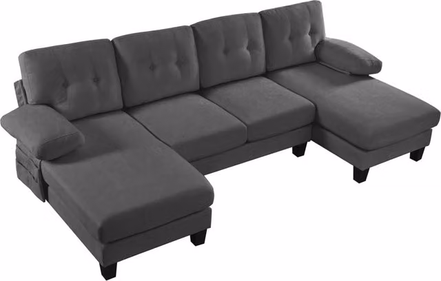 Divano a U grande in tessuto Chenille grigio con doppia chaise longue, per 4 persone, con braccioli rimovibili e tasche laterali