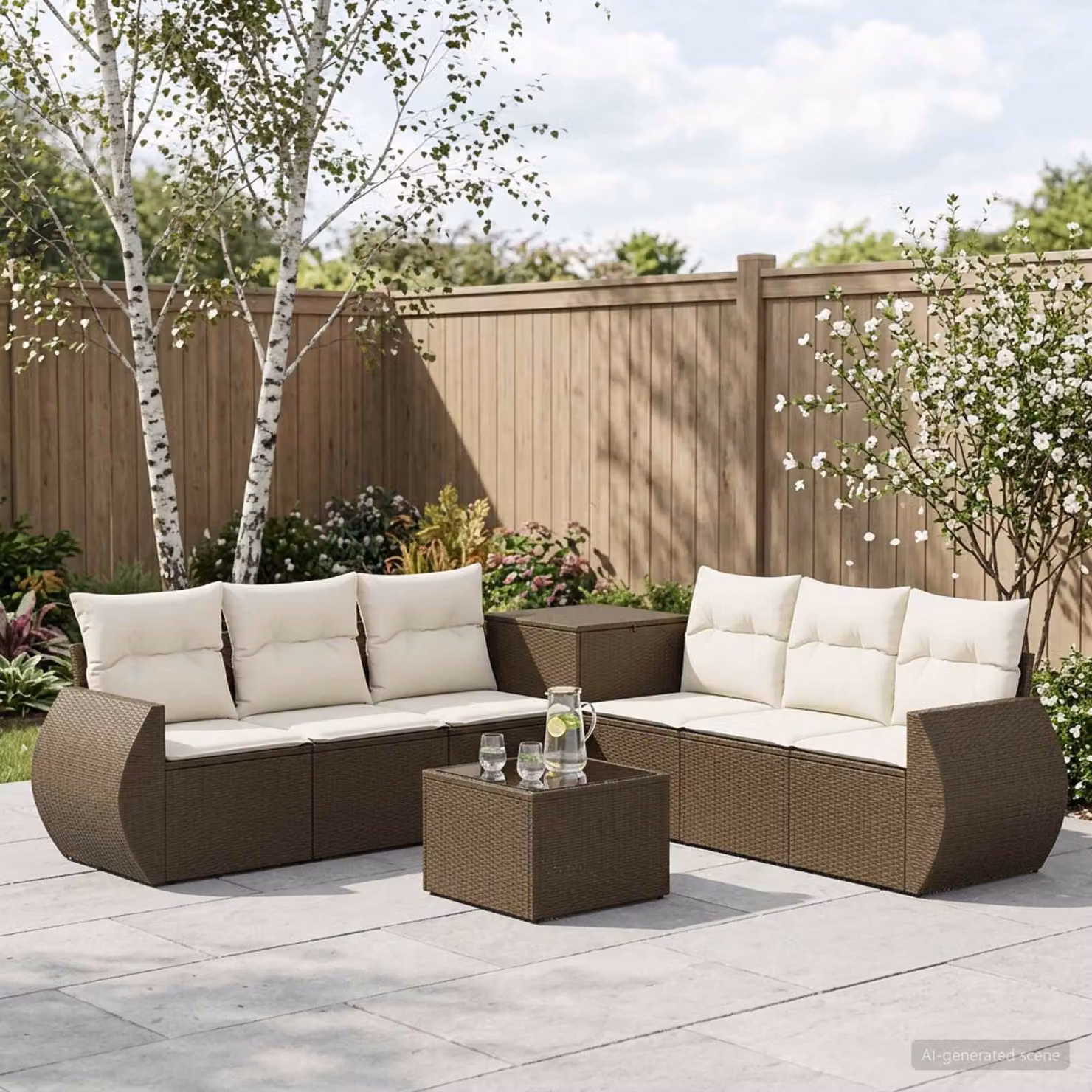Set di divani da giardino vidaXL in polyrattan marrone e bianco crema con cuscini inclusi