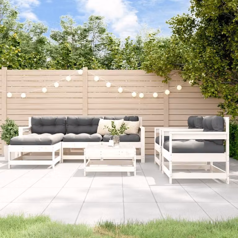 The Living Store Set da giardino 7 pezzi con cuscini in legno massiccio bianco