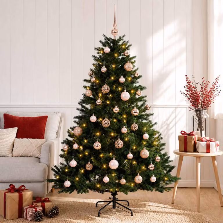 Albero di Natale artificiale con decorazioni natalizie, altezza 150 cm, 150 luci LED