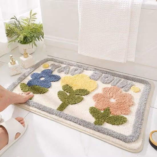 Tappetino da bagno con motivo floreale, antiscivolo e cuciture a macchina - 50x80 cm