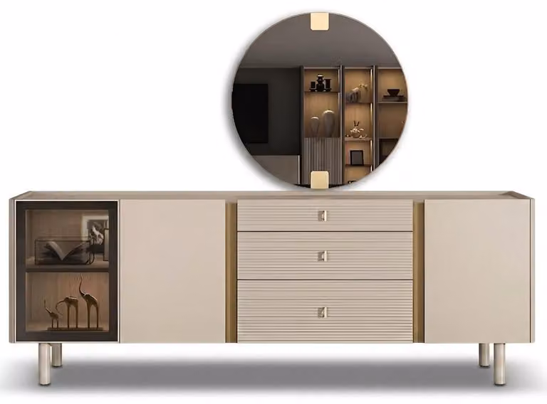 Mobile bar/contenitore moderno, color beige, specchio, cassettiera, per la sala da pranzo, in legno, lusso, elegante