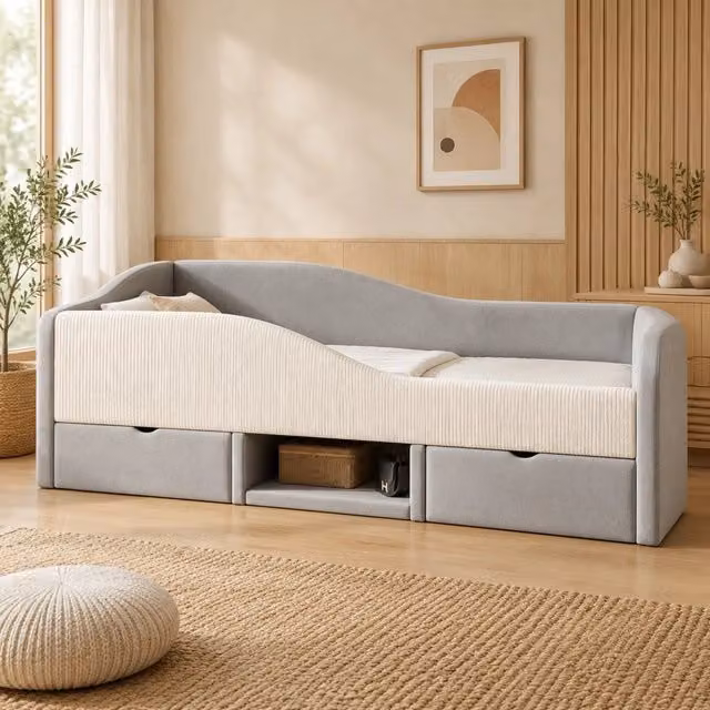Letto imbottito per bambini 90x190 cm con due cassetti e sponde, in velluto anallergico, colore grigio, senza materasso