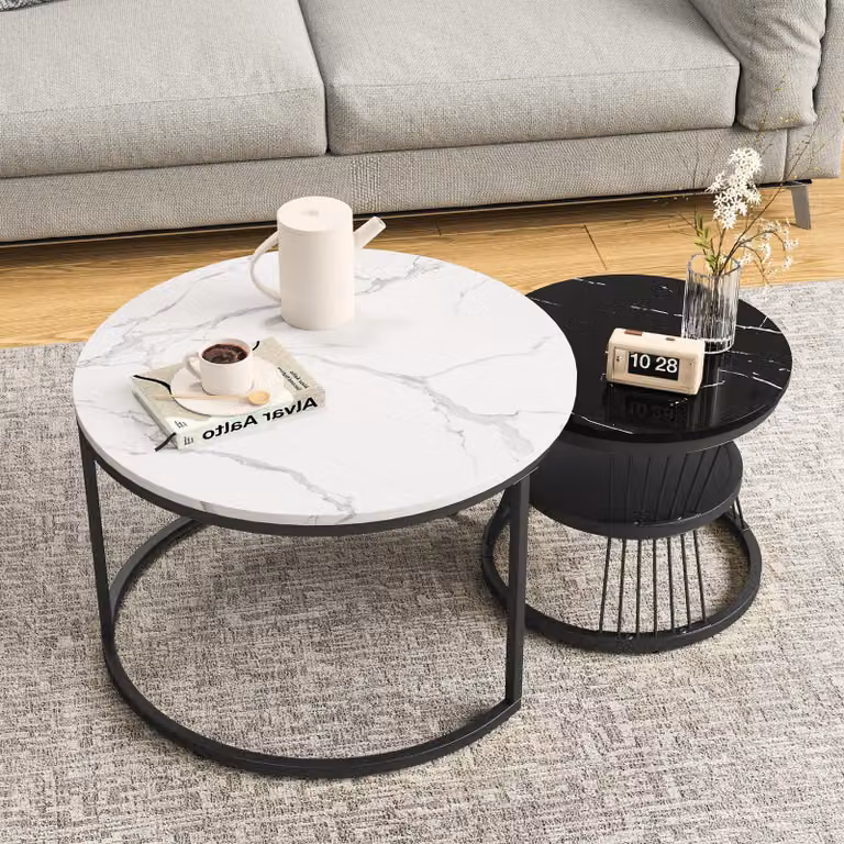 INONEFT, set da 2 tavolini da caffè rotondi, design moderno, ideali per il soggiorno, tavolino rotondo con aspetto marmo e struttura in metallo, bianco e nero