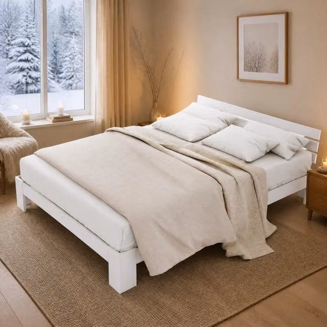 Letto matrimoniale Mivray in legno bianco con testiera e rete a doghe fisse L/P/H: 200 x 140 x 67,5 cm