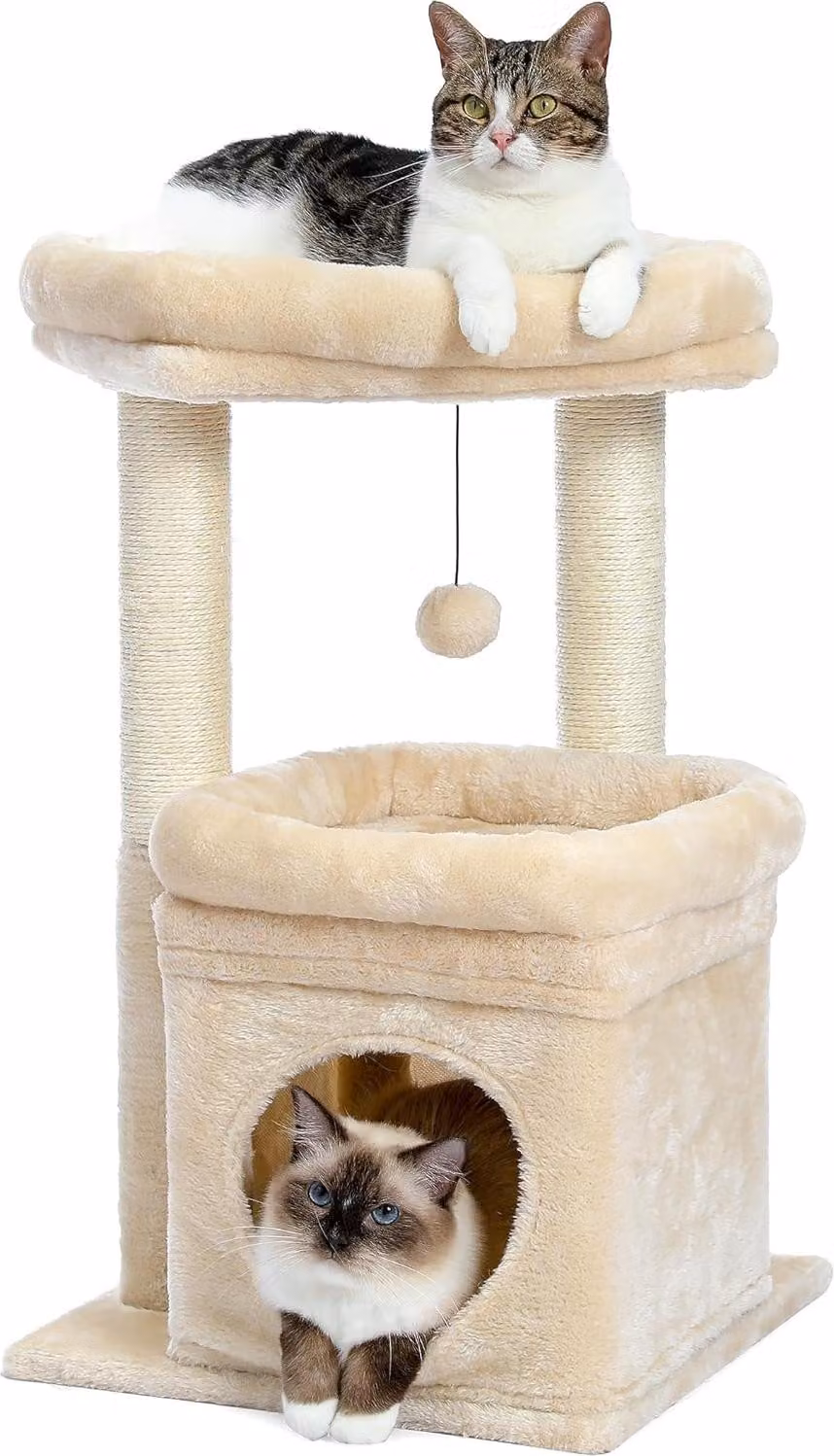 Albero per gatti a più piani con tiragraffi in sisal, accogliente casetta per gatti e ampia area per gatti da interno