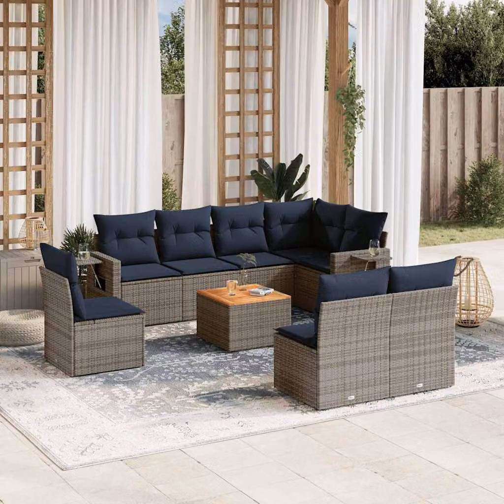 Set Divani da Giardino vidaXL 9 pz in Polyrattan Grigio con Cuscini e Tavolino da Esterno a Forma di L