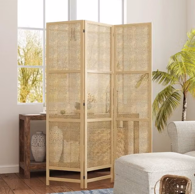 Divisorio pieghevole ULEVR a 3 pannelli 135x180 cm in rattan sintetico e legno di pino, naturale