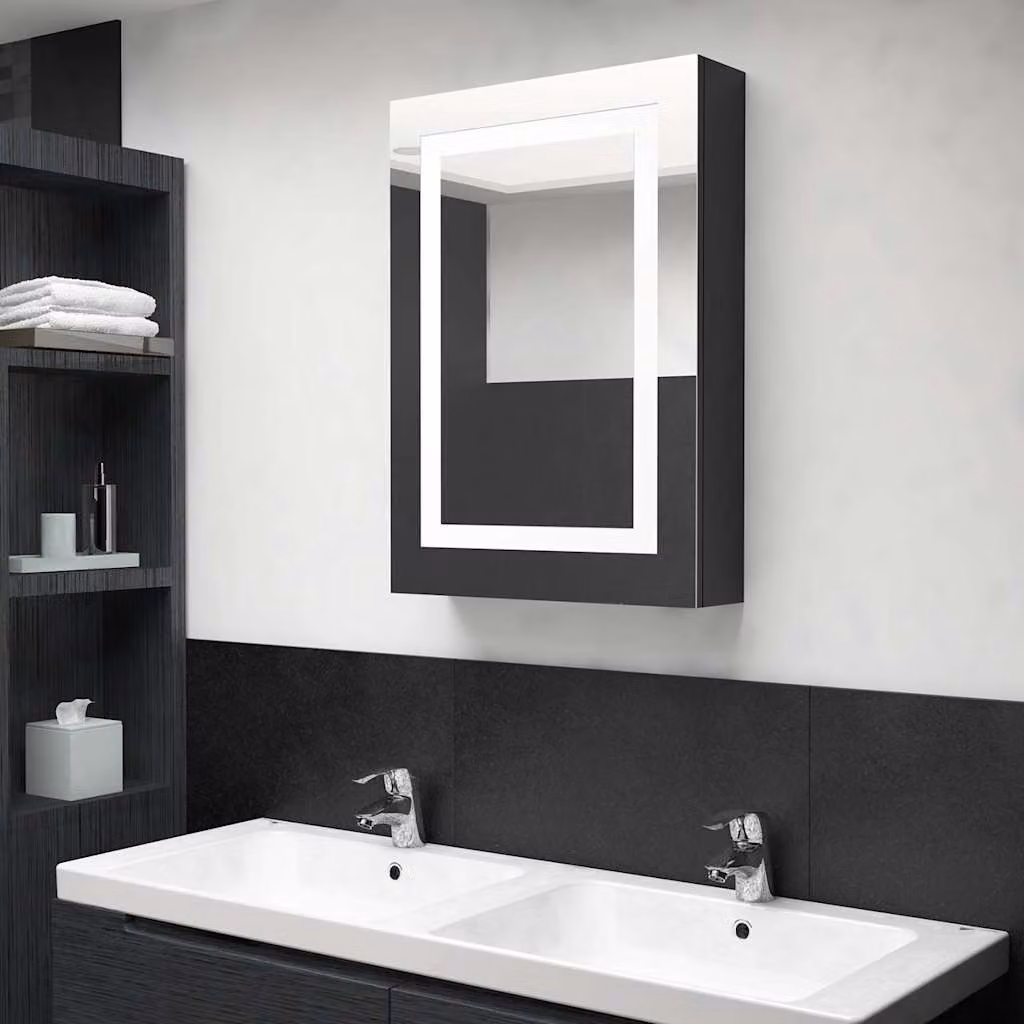 Armadietto da bagno con specchio e illuminazione LED vidaXL Nero Lucido L: 50 cm, P: 13 cm, H: 70 cm