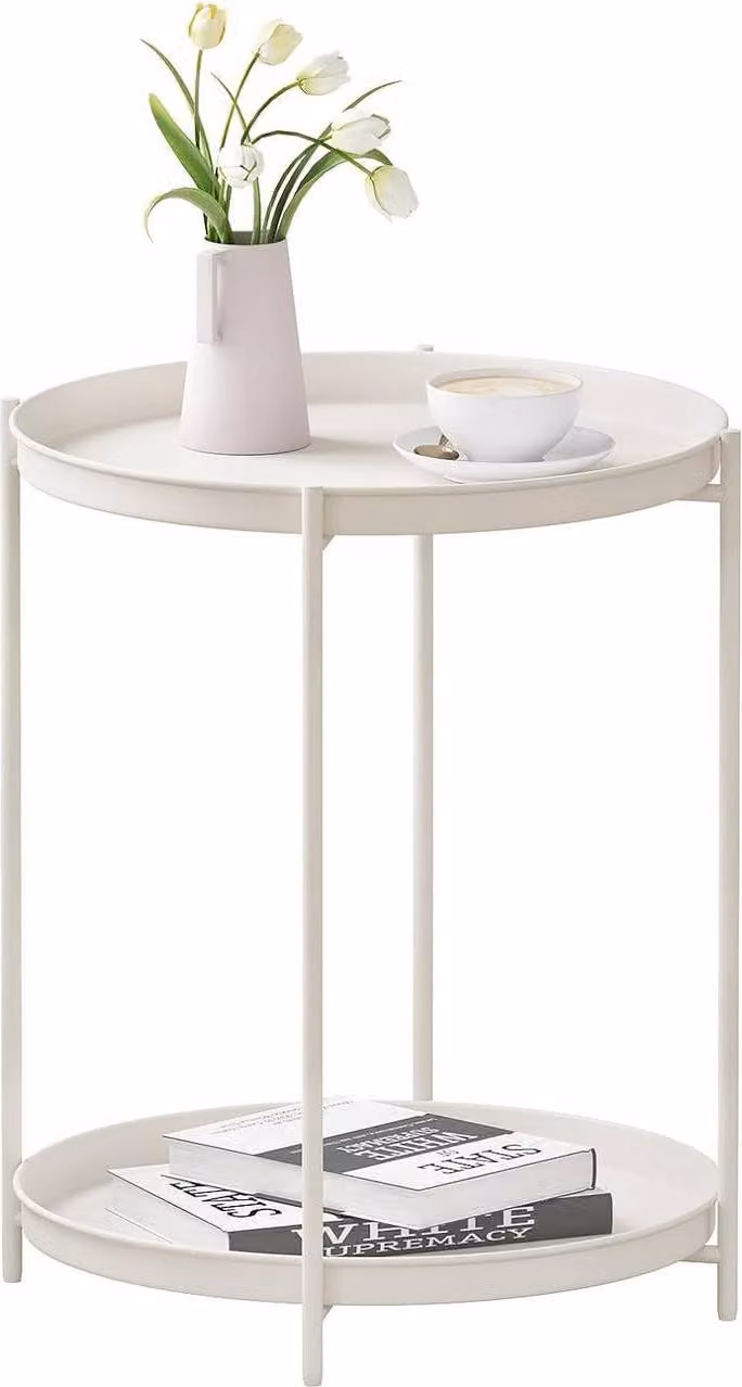 Tavolino rotondo con spazio contenitore e 2 vassoi estraibili | Colore crema | 44x44x53 cm