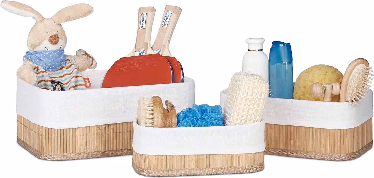 Set di 3 cestini rettangolari in bambù con tessuto per giocattoli - accessori da bagno natura