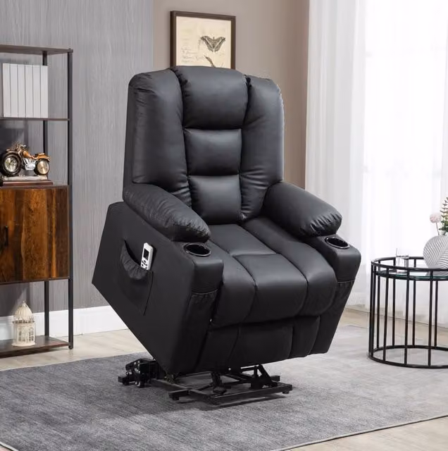 Poltrona Relax con Funzione alzata, USB, Reclinabile fino a 150°, Nero, 150 kg di portata