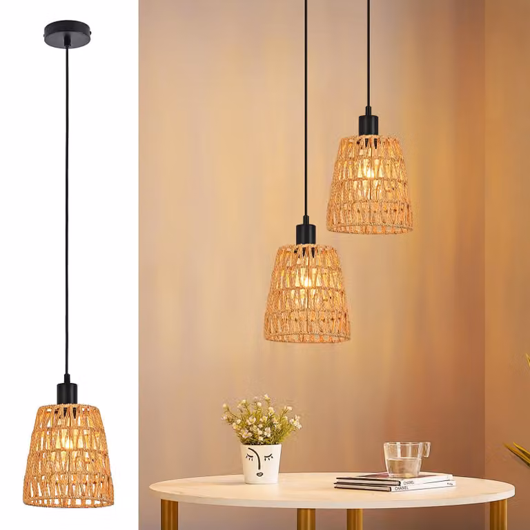 ZMH lampada a sospensione boho luce a sospensione rattan 1 fiamma tavolo da pranzo lampada a sospensione vintage intrecciata paralume corda di canapa E27 lampada a sospensione per sala da pranzo