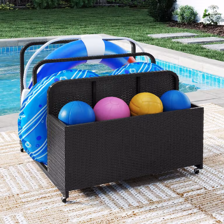 Organizer esterno Costway in rattan e PE con ruote per cuscini e accessori da piscina, Nero