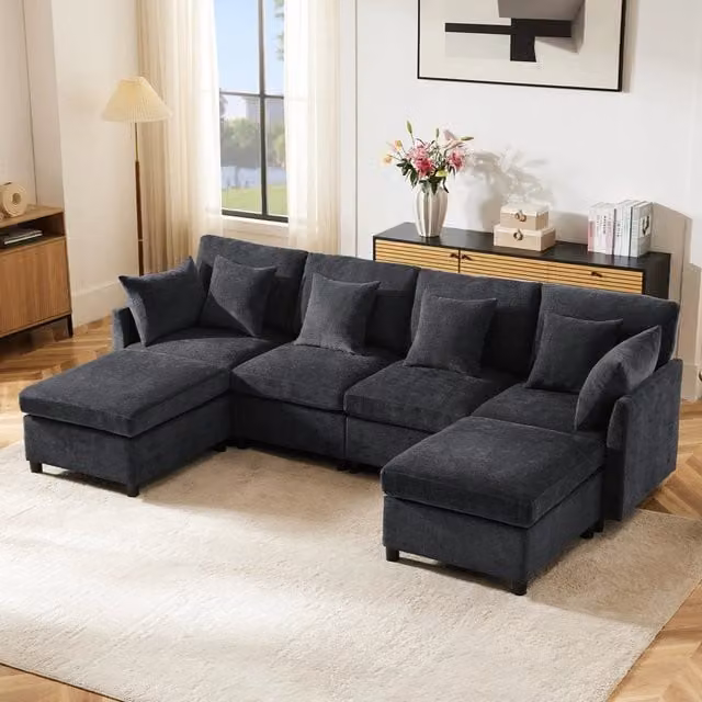 Divano Modulare Angolare Minimal con Poggiapiedi e Cuscini in Tessuto Chenille Grigio e Beige