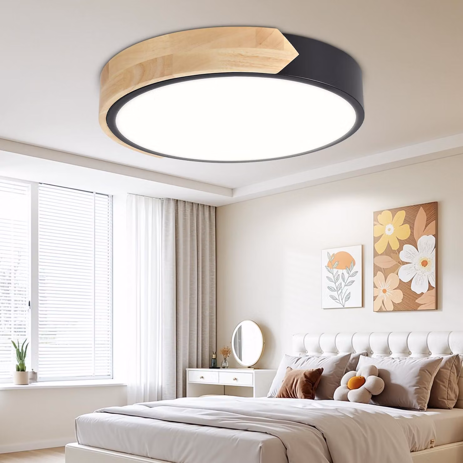Ikodm Lampada da soffitto a LED in legno 30 cm, 48 W, dimmerabile con telecomando, lampada rotonda da soggiorno nera, 3000-6000 K