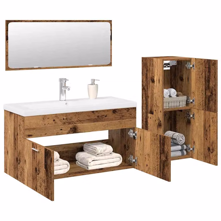 Set di mobili da bagno vidaXL in stile rustico composto da mobile lavabo e pensili, finitura opaca marrone e bianco