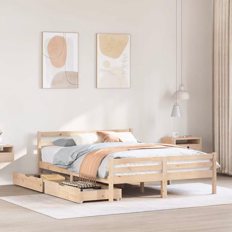 vidaXL Letto in Legno di Pino Massello Rustico Marrone con Cassetti L: 140.5 cm, P: 195.5 cm, H: 69.5 cm